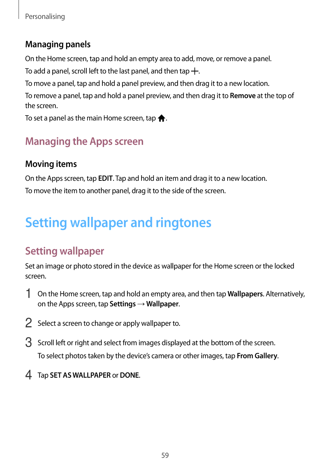 Samsung SM-P555NZAAXXV manual Setting wallpaper and ringtones, Managing the Apps screen, Managing panels, Moving items 