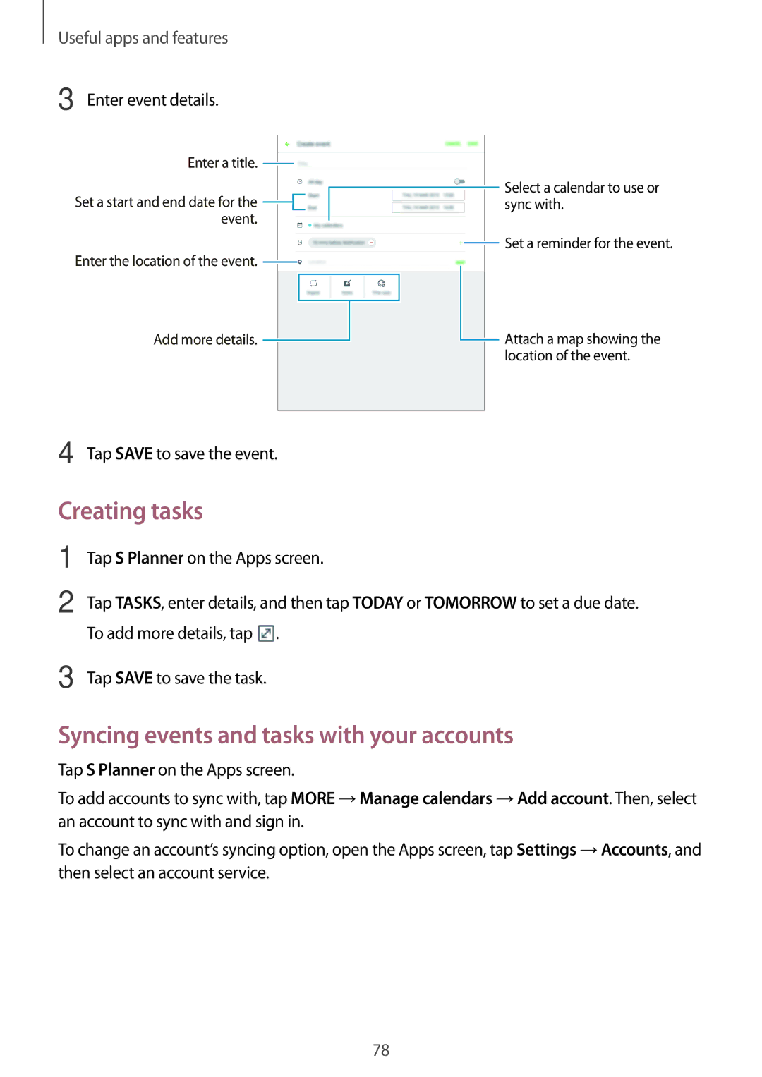 Samsung SM-P555NZWAXXV, SM-P555NZWAKSA Creating tasks, Syncing events and tasks with your accounts, Enter event details 