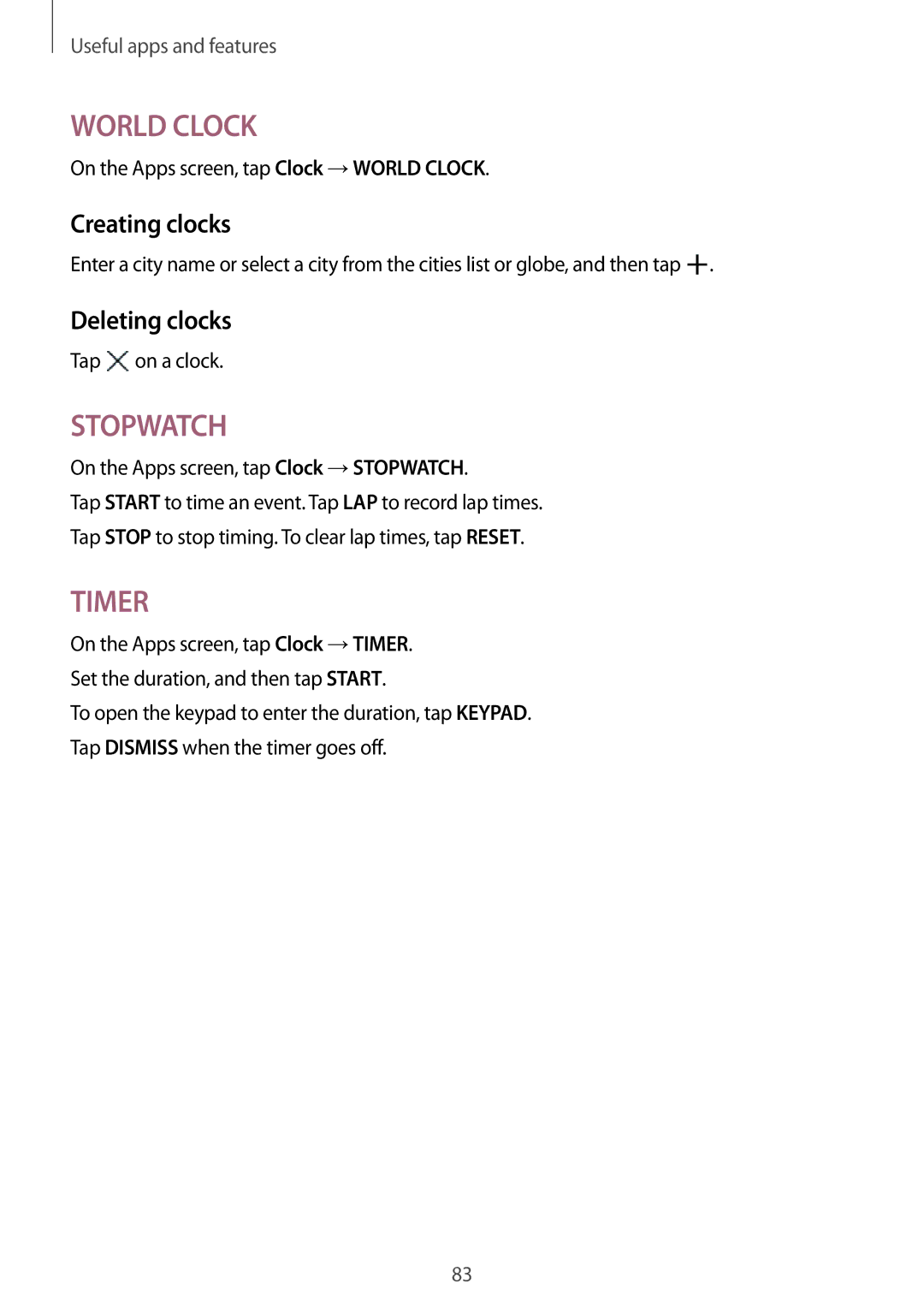 Samsung SM-P555NZWAXXV manual Creating clocks, Deleting clocks, On the Apps screen, tap Clock →WORLD Clock, Tap on a clock 