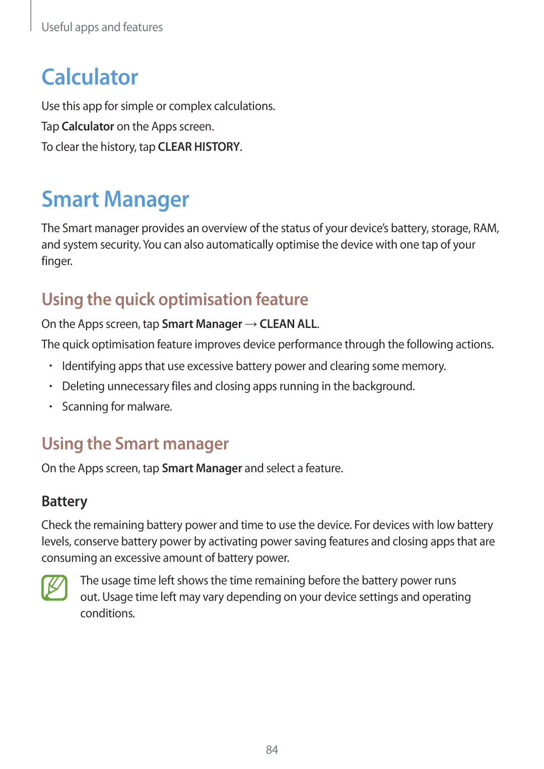 Samsung SM-P555NZAAXXV Calculator, Smart Manager, Using the quick optimisation feature, Using the Smart manager, Battery 