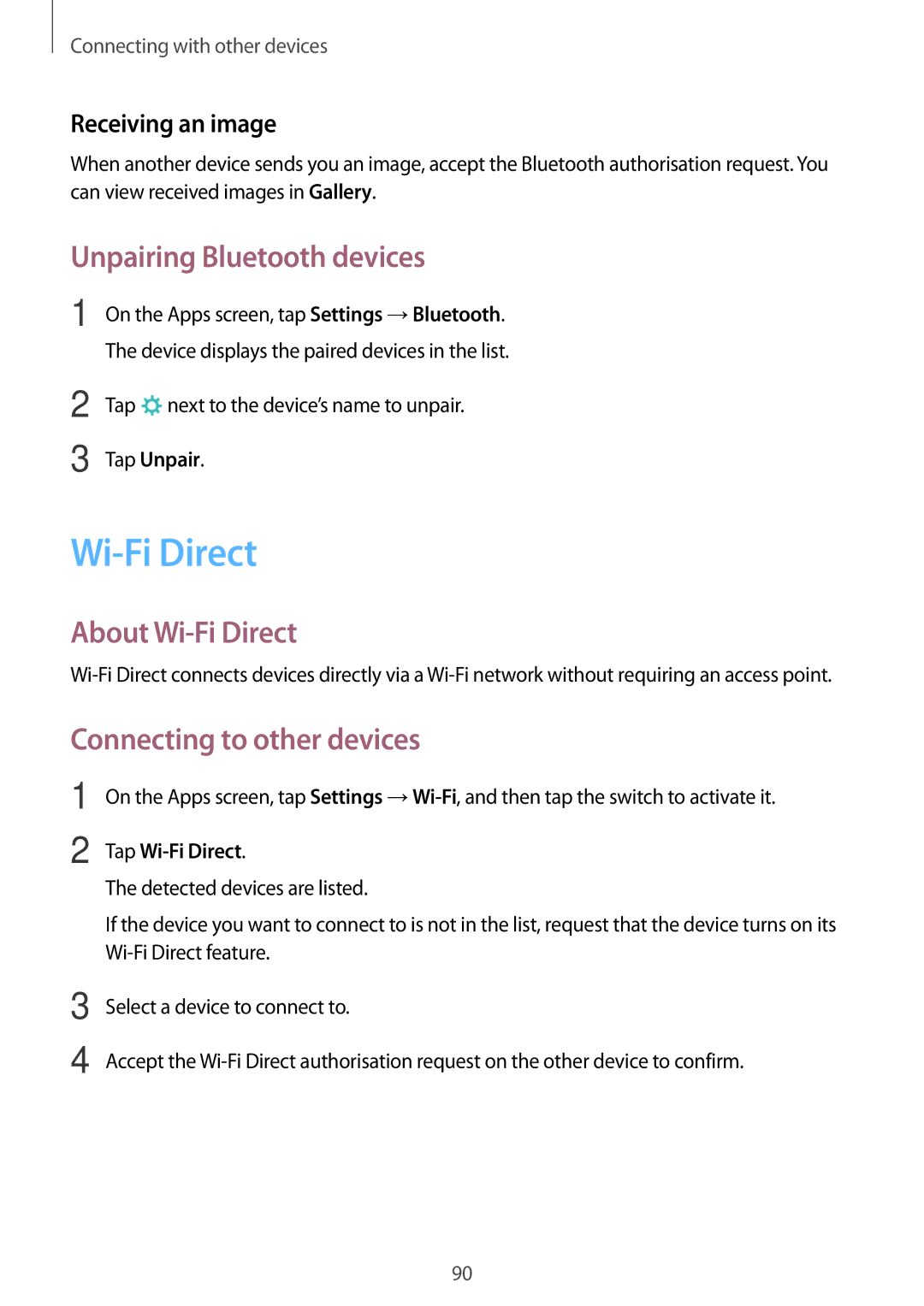 Samsung SM-P555NZWAKSA, SM-P555NZBAKSA Unpairing Bluetooth devices, About Wi-Fi Direct, Connecting to other devices 