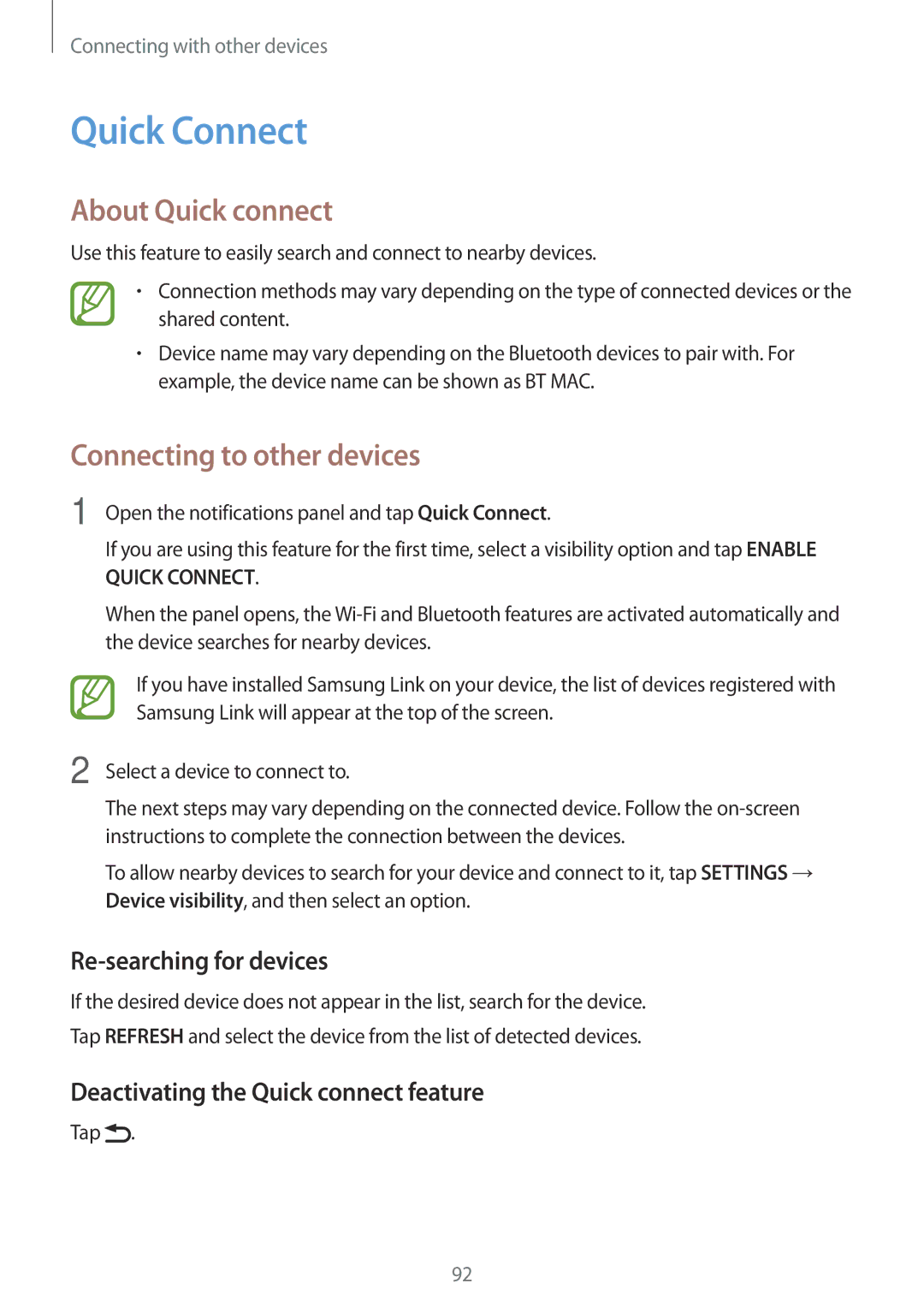 Samsung SM-P555NZAAKSA, SM-P555NZWAKSA, SM-P555NZBAKSA manual Quick Connect, About Quick connect, Re-searching for devices 