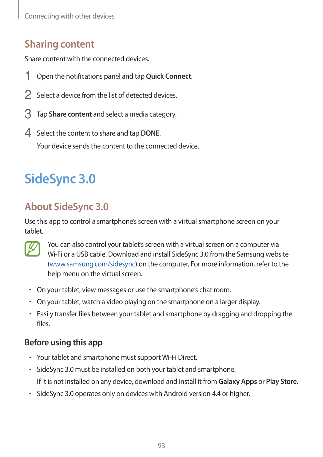 Samsung SM-P555NZWAXXV, SM-P555NZWAKSA, SM-P555NZBAKSA manual Sharing content, About SideSync, Before using this app 