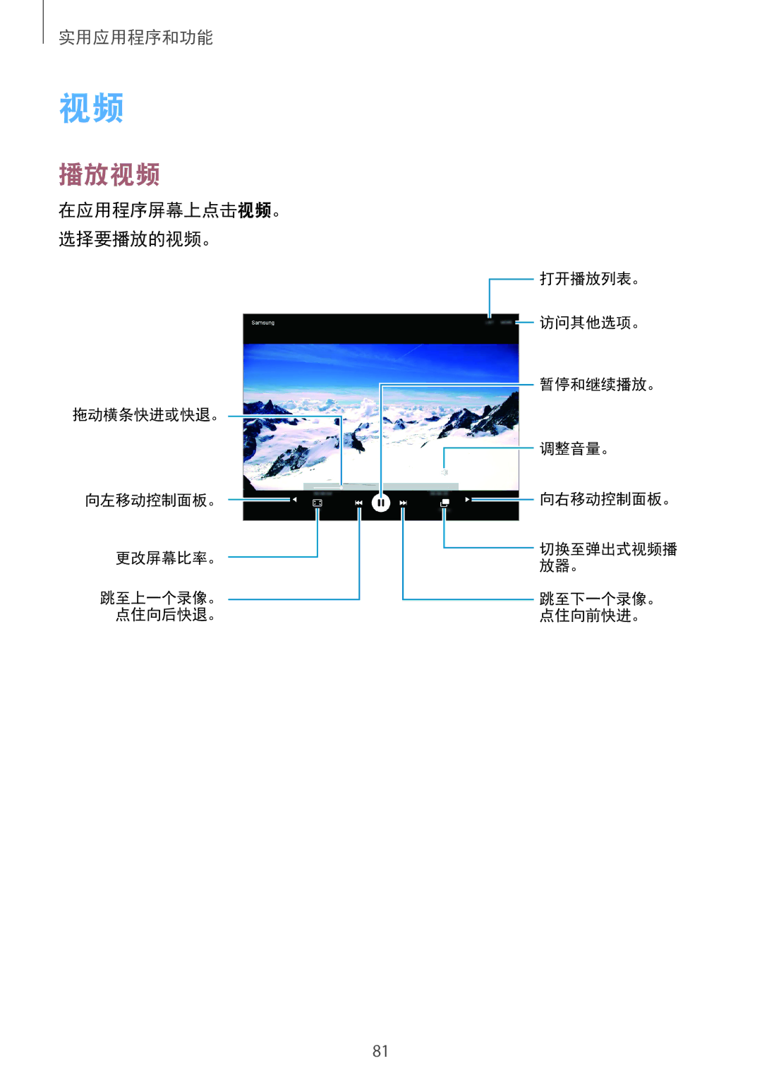 Samsung SM-P555NZAAXXV, SM-P555NZWAXXV manual 播放视频, 在应用程序屏幕上点击视频。 选择要播放的视频。 