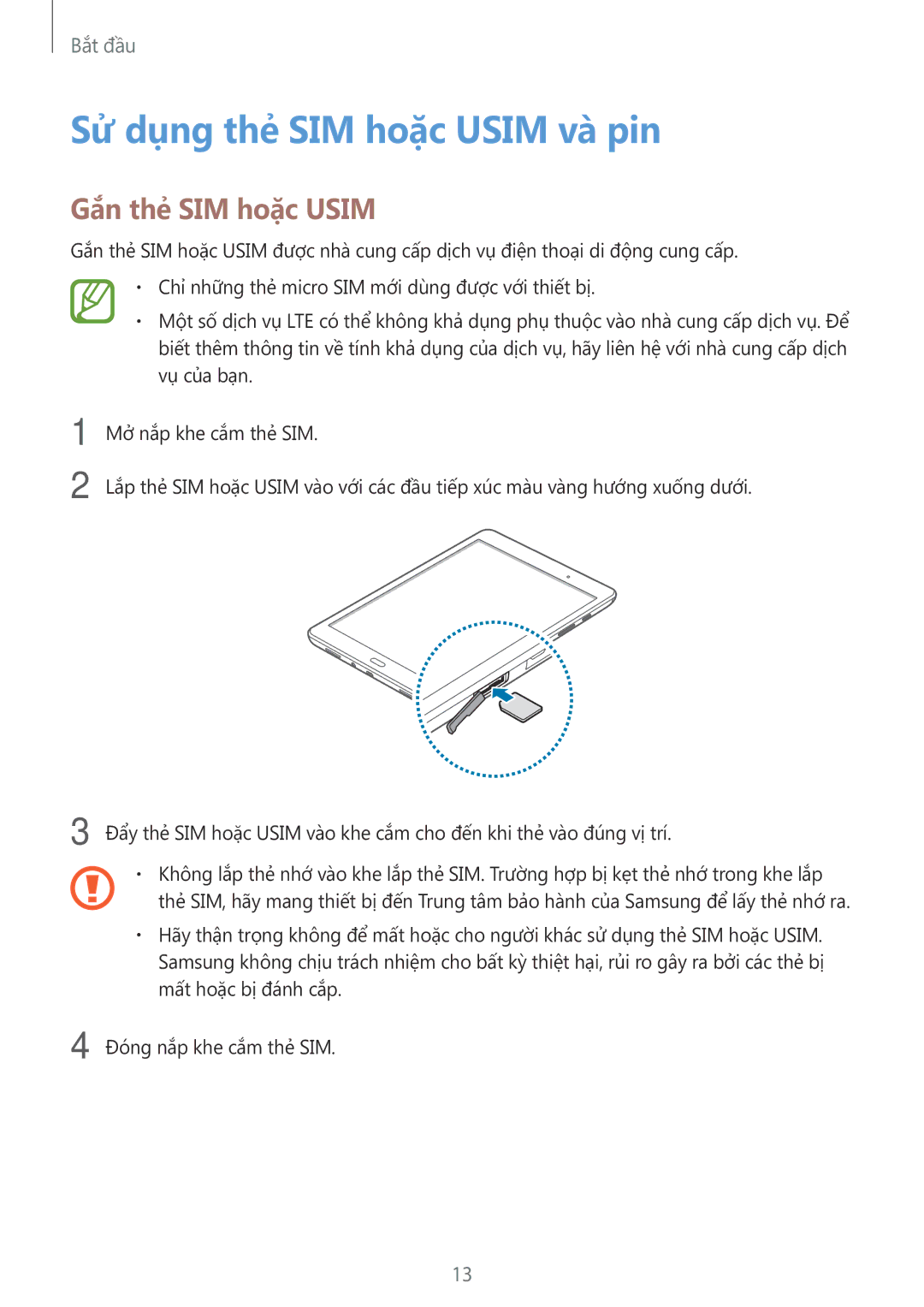 Samsung SM-P555NZAAXXV, SM-P555NZWAXXV manual Sử dụng thẻ SIM hoặc Usim và pin, Gắn thẻ SIM hoặc Usim 