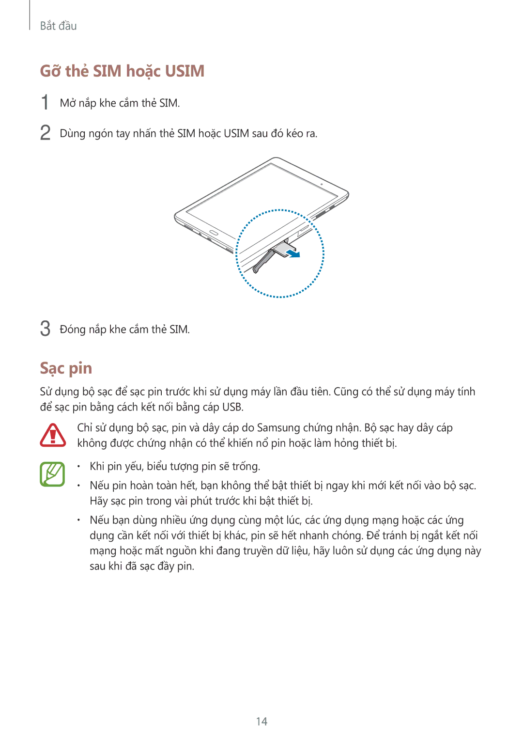 Samsung SM-P555NZWAXXV, SM-P555NZAAXXV manual Gỡ thẻ SIM hoặc Usim, Sạc pin 