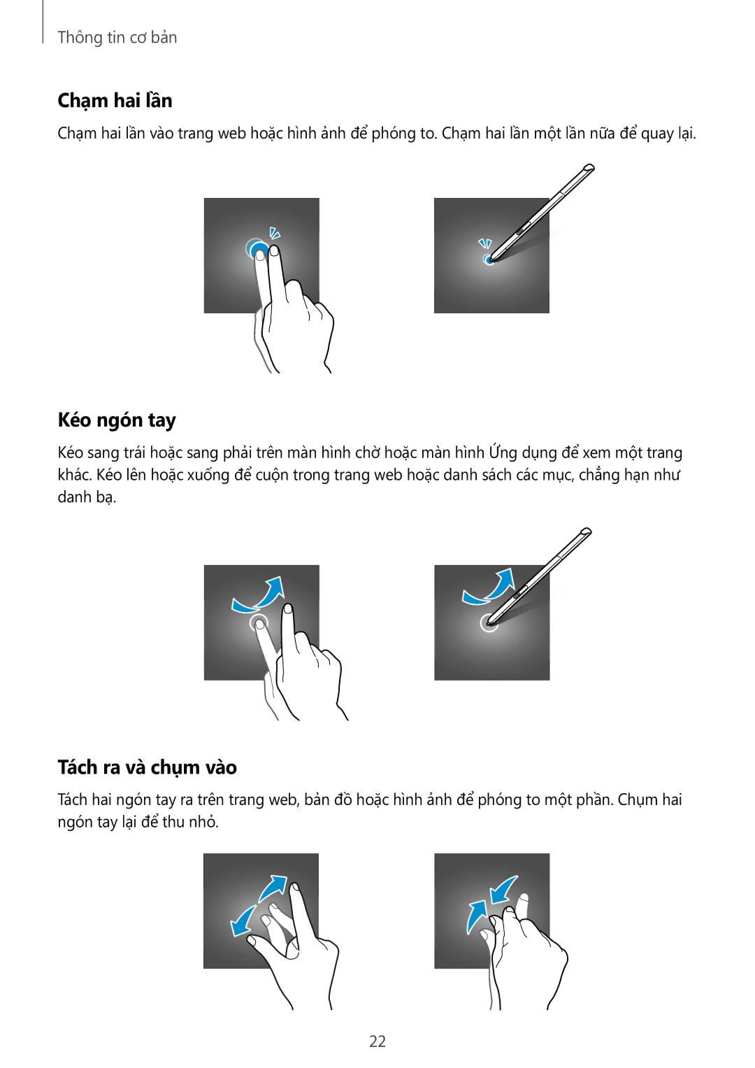 Samsung SM-P555NZWAXXV, SM-P555NZAAXXV manual Chạm hai lần, Kéo ngón tay, Tách ra và chụm vào 