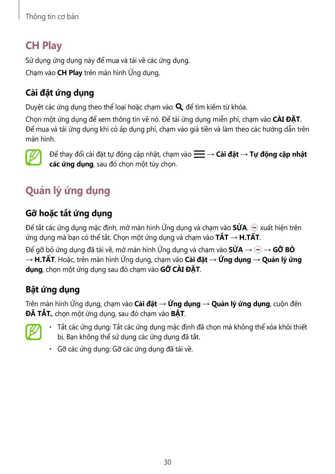 Samsung SM-P555NZWAXXV, SM-P555NZAAXXV manual CH Play, Quản lý ứng dụng, Gỡ hoặc tắt ứng dụng, Bật ứng dụng 