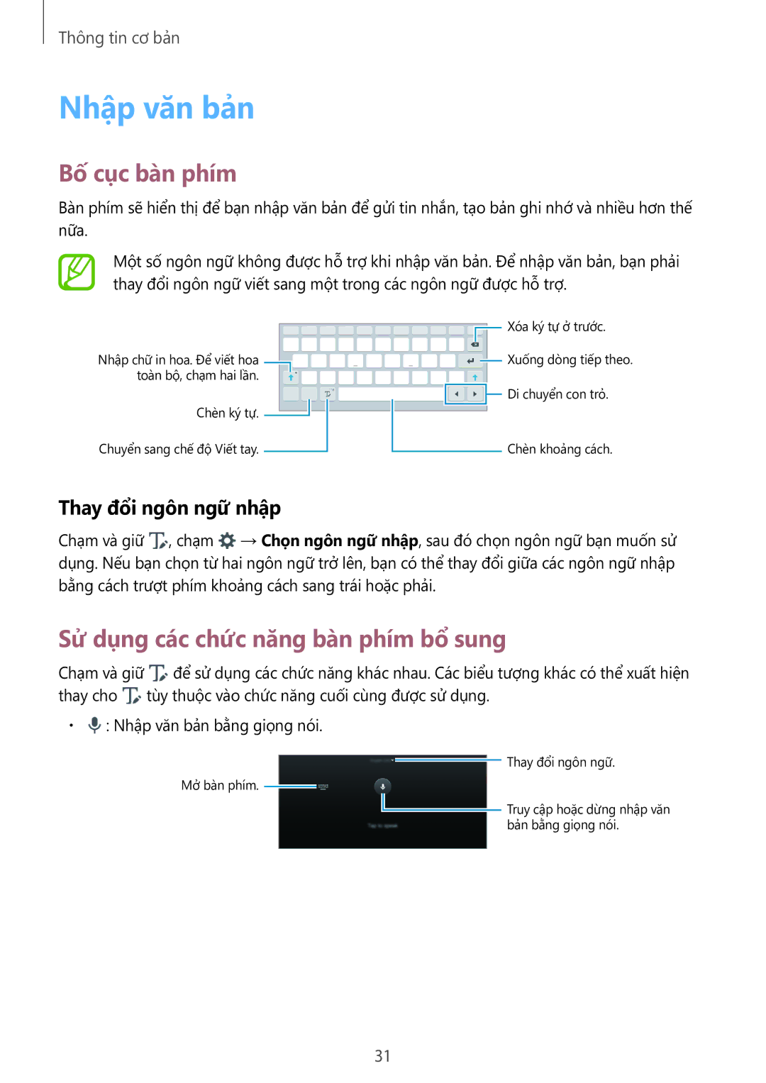 Samsung SM-P555NZAAXXV manual Nhập văn bản, Bố cục bàn phím, Sử dụng các chức năng bàn phím bổ sung, Thay đổi ngôn ngữ nhập 