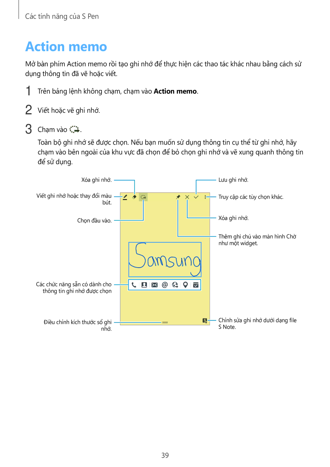 Samsung SM-P555NZAAXXV, SM-P555NZWAXXV manual Action memo, Thêm ghi chú vào màn hình Chờ như một widget 