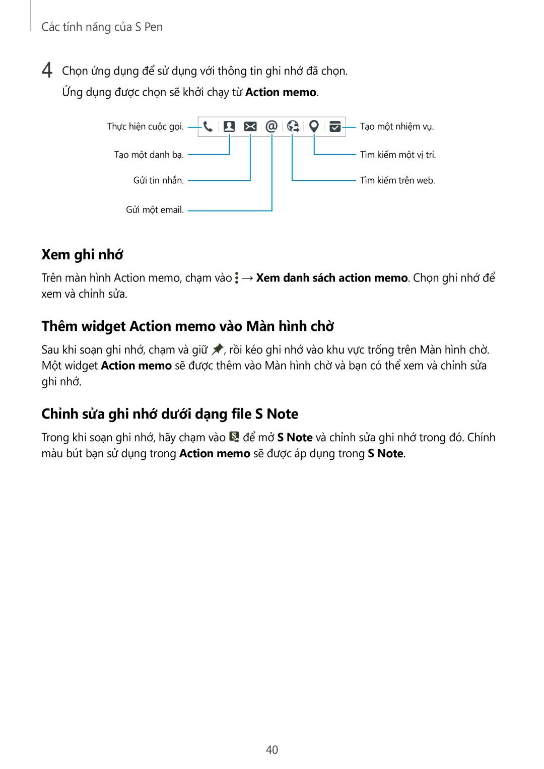 Samsung SM-P555NZWAXXV Xem ghi nhớ, Thêm widget Action memo vào Màn hình chờ̀, Chỉnh sửa ghi nhớ dưới dạng file S Note 