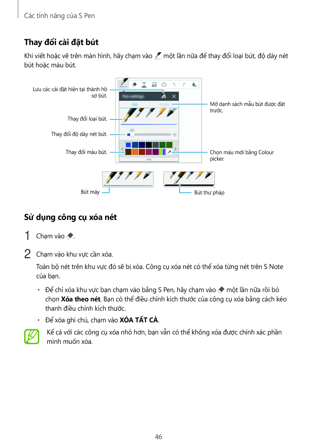 Samsung SM-P555NZWAXXV, SM-P555NZAAXXV manual Thay đổi cài đặt bút, Sử dụng công cụ xóa nét 