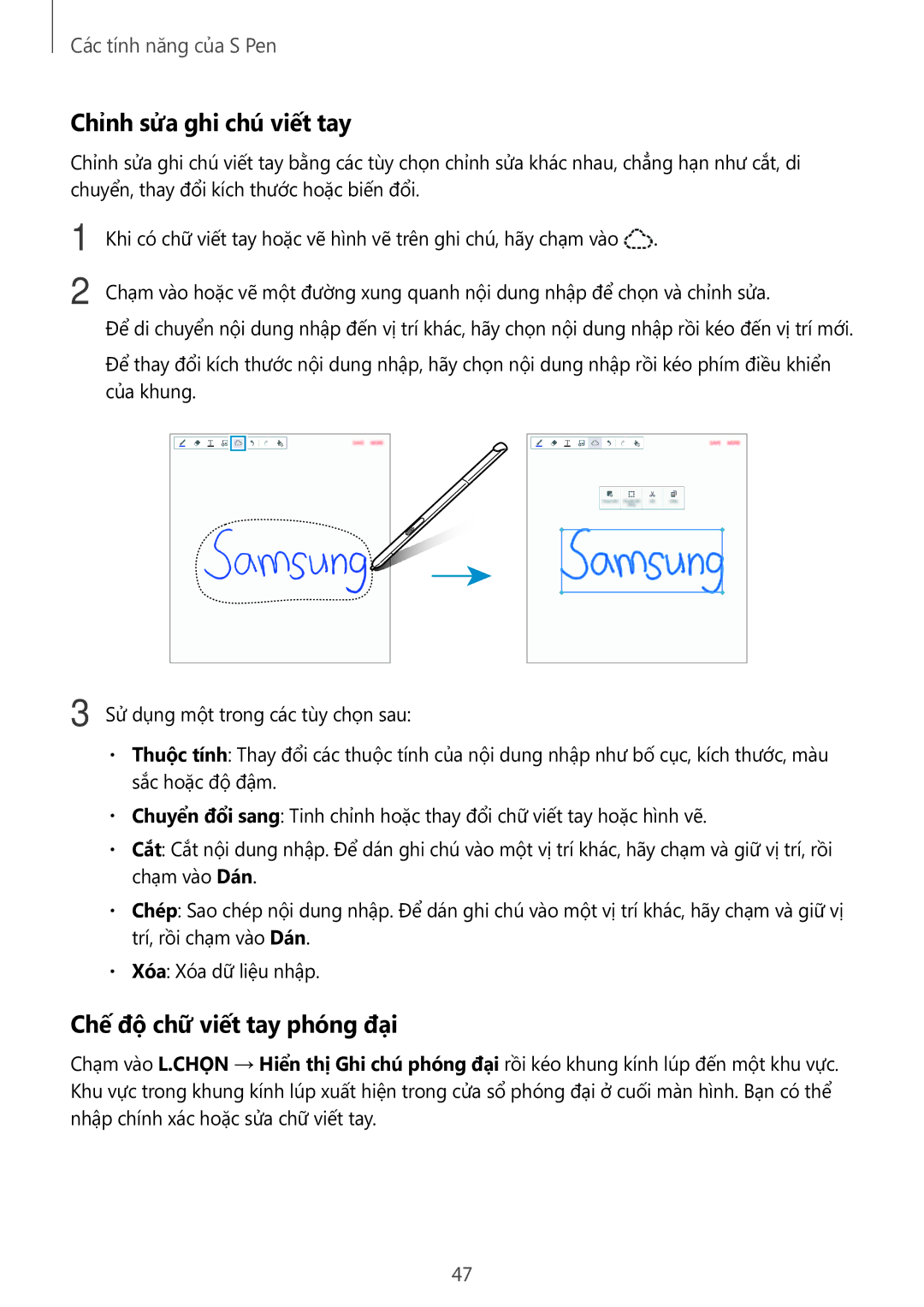 Samsung SM-P555NZAAXXV, SM-P555NZWAXXV manual Chỉnh sửa ghi chú viết tay, Chế độ chữ viết tay phóng đại 