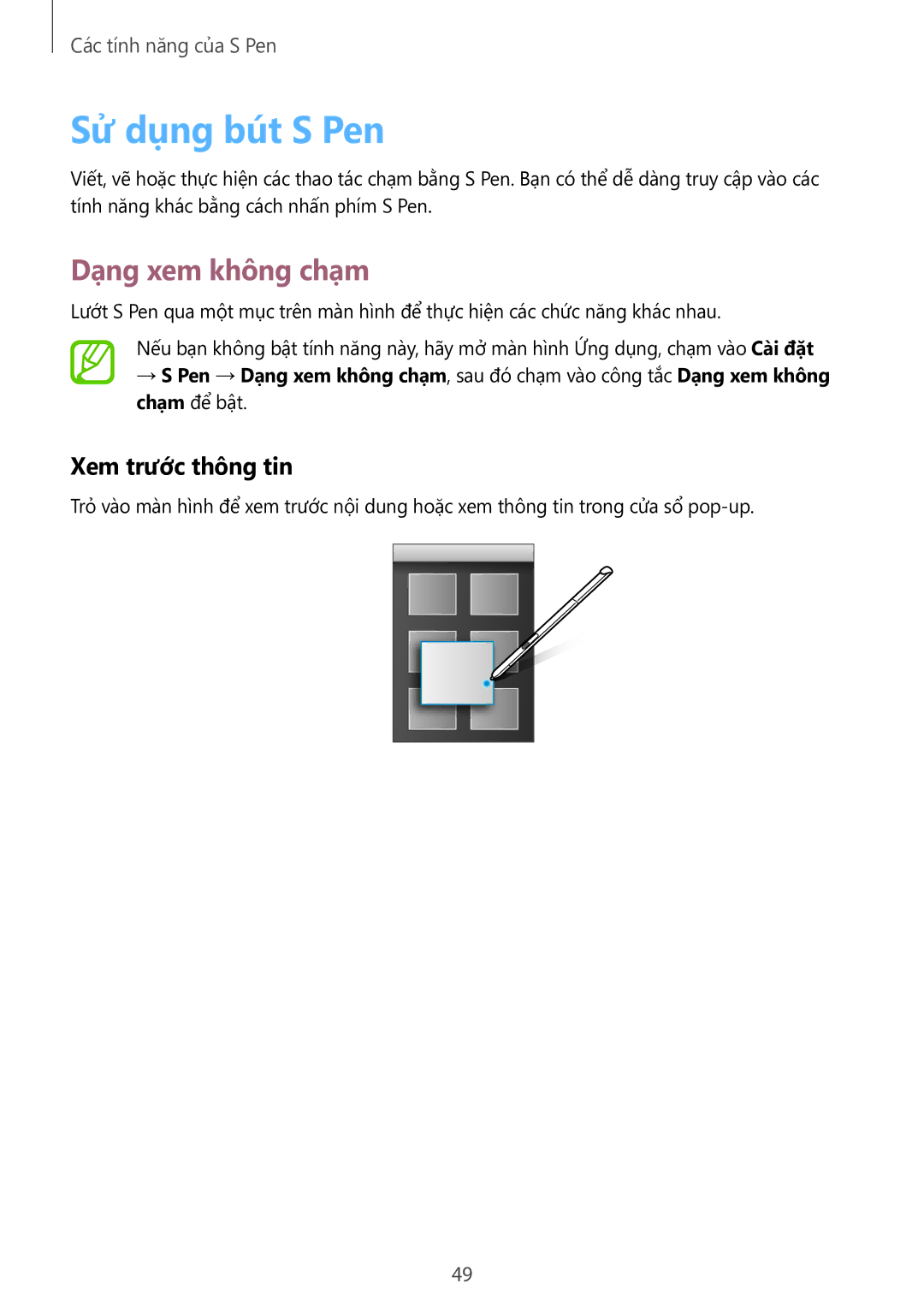 Samsung SM-P555NZAAXXV, SM-P555NZWAXXV manual Sử dụng bút S Pen, Dạng xem không chạm, Xem trươc thông tin 