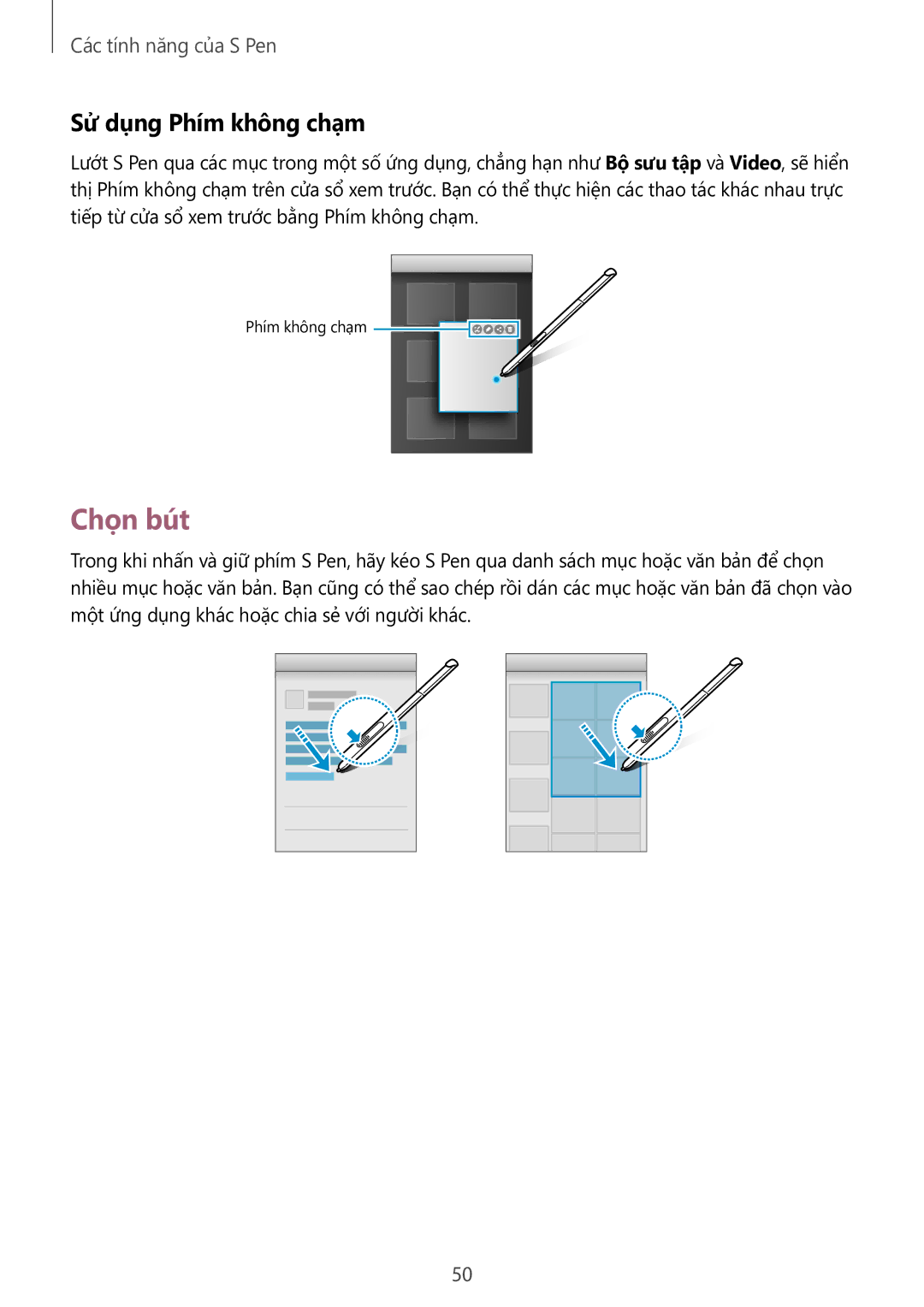 Samsung SM-P555NZWAXXV, SM-P555NZAAXXV manual Chọn bút, Sử dụng Phím không chạm 