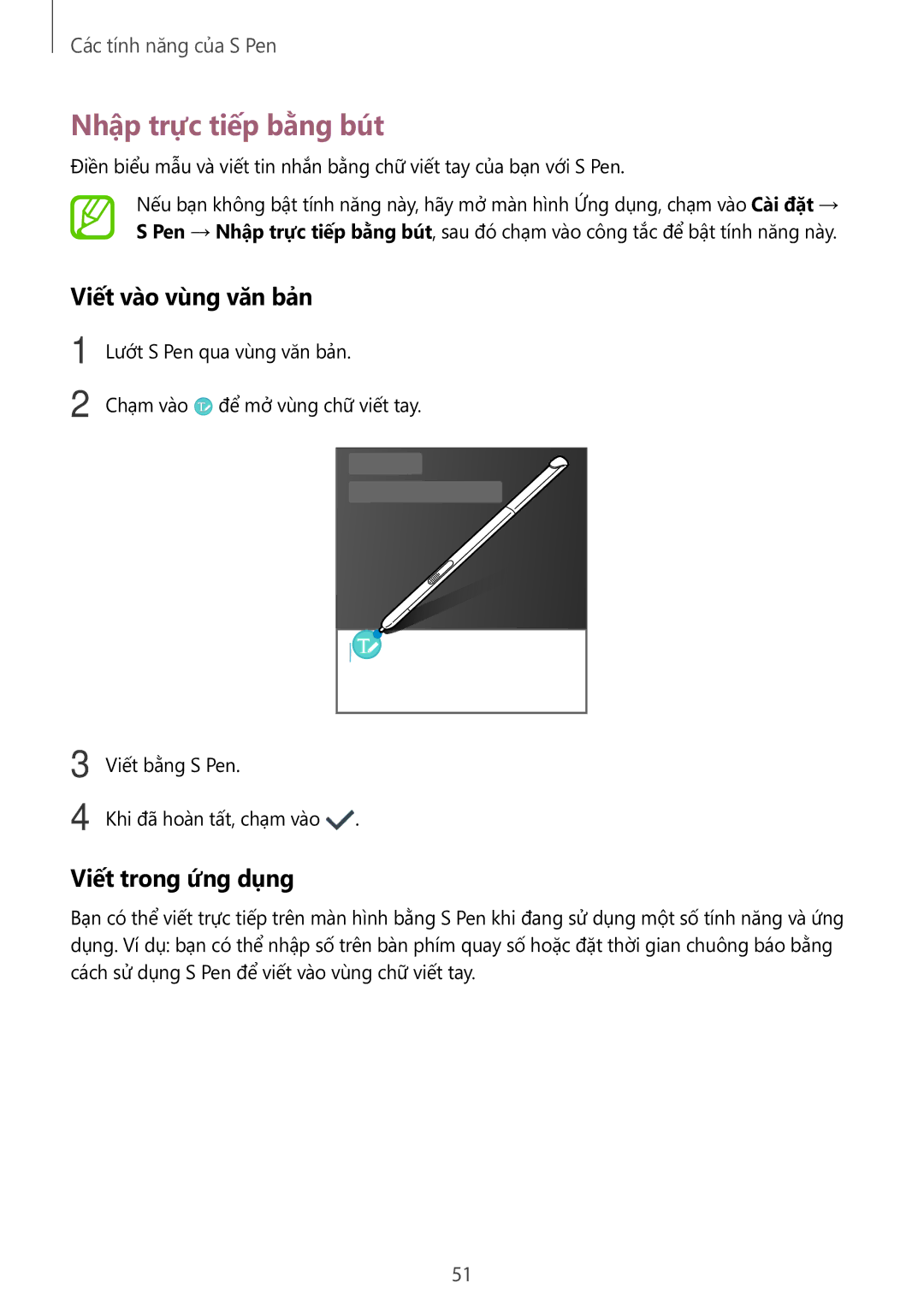 Samsung SM-P555NZAAXXV, SM-P555NZWAXXV manual Nhập trực tiếp bằng bút, Viết vào vùng văn bản, Viết trong ứng dụng 