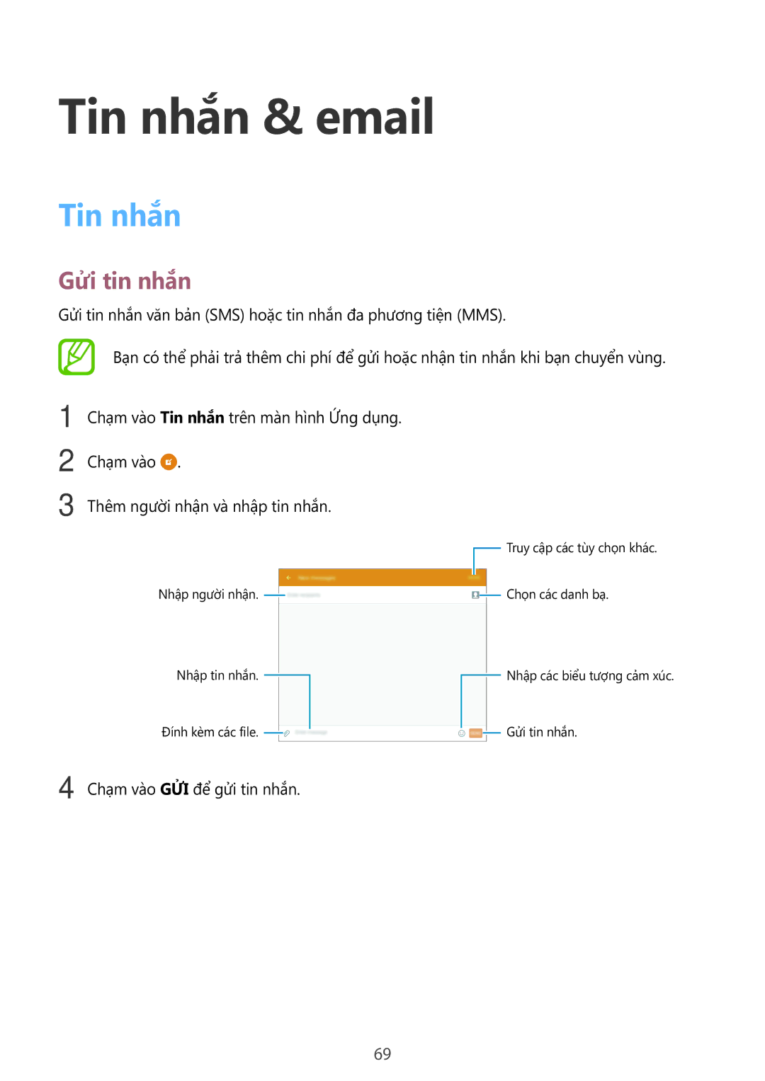 Samsung SM-P555NZAAXXV, SM-P555NZWAXXV manual Tin nhắn & email, Gửi tin nhắn 