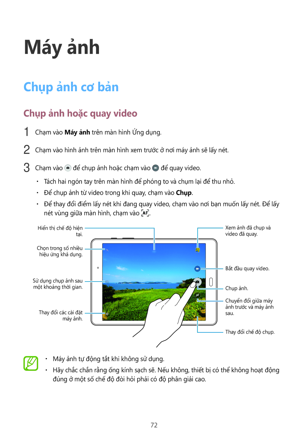 Samsung SM-P555NZWAXXV, SM-P555NZAAXXV manual Máy ảnh, Chụp ảnh cơ bản, Chụp ảnh hoặc quay video 