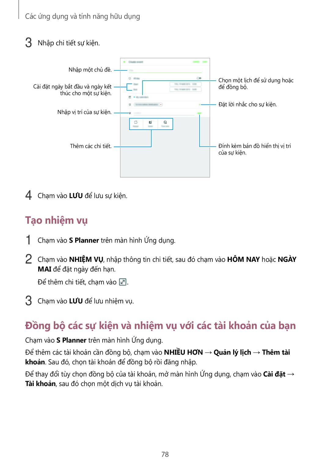 Samsung SM-P555NZWAXXV, SM-P555NZAAXXV manual Tạo nhiệm vụ, Đồng bộ các sự kiện và nhiệm vụ với các tài khoản của bạn 