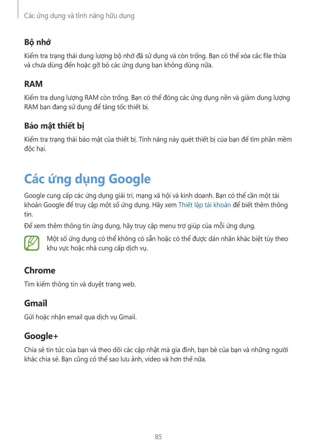 Samsung SM-P555NZAAXXV, SM-P555NZWAXXV manual Các ứng dụng Google, Bộ nhớ, Bảo mật thiết bị 