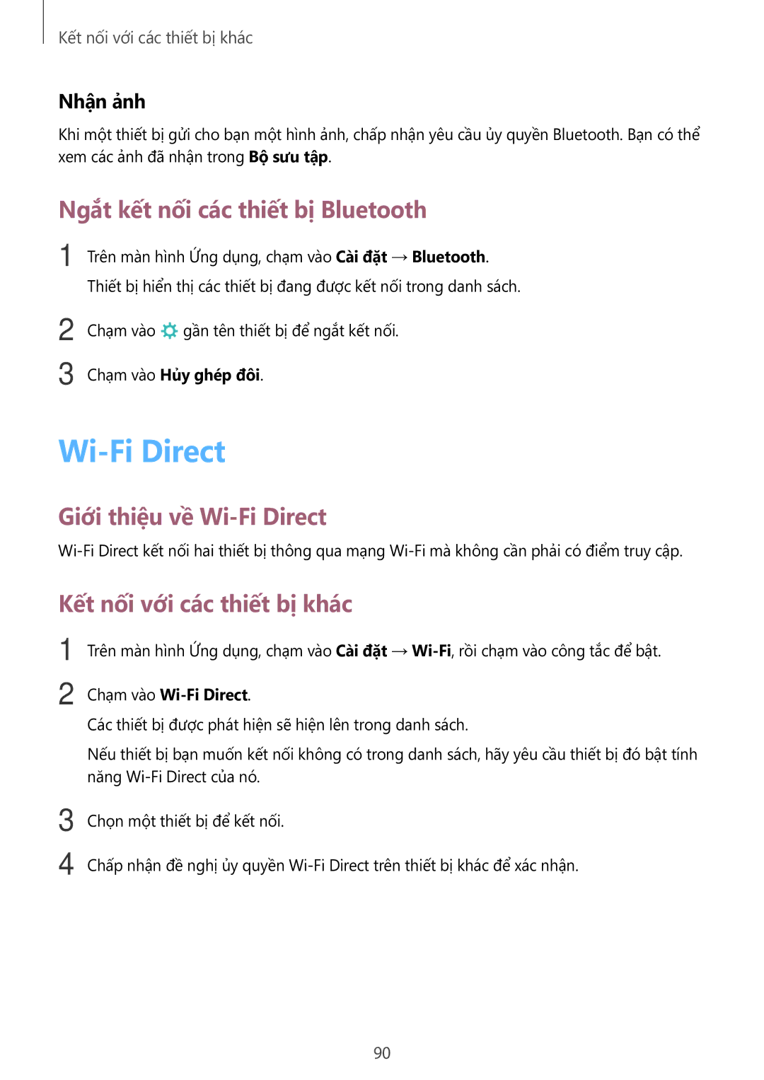 Samsung SM-P555NZWAXXV Ngắt kết nối các thiết bị Bluetooth, Giới thiệu về Wi-Fi Direct, Kết nối với các thiết bị khác 