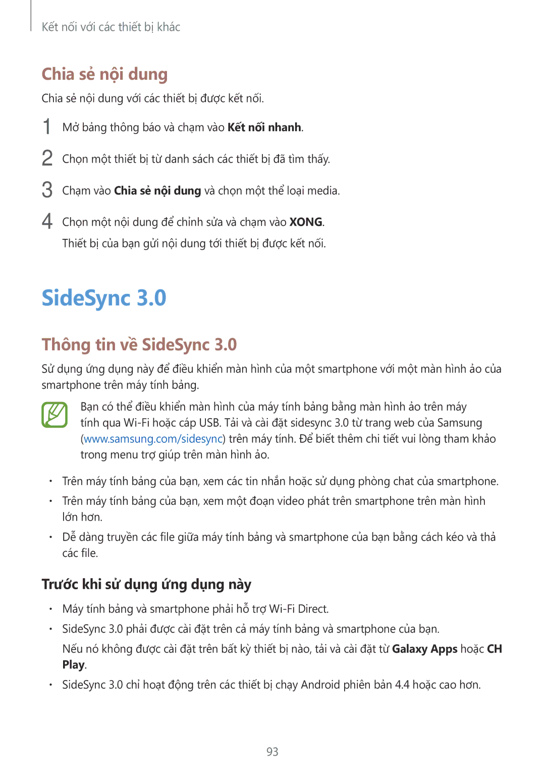 Samsung SM-P555NZAAXXV, SM-P555NZWAXXV manual Chia sẻ nội dung, Thông tin về SideSync, Trước khi sử dụng ứng dụng này 
