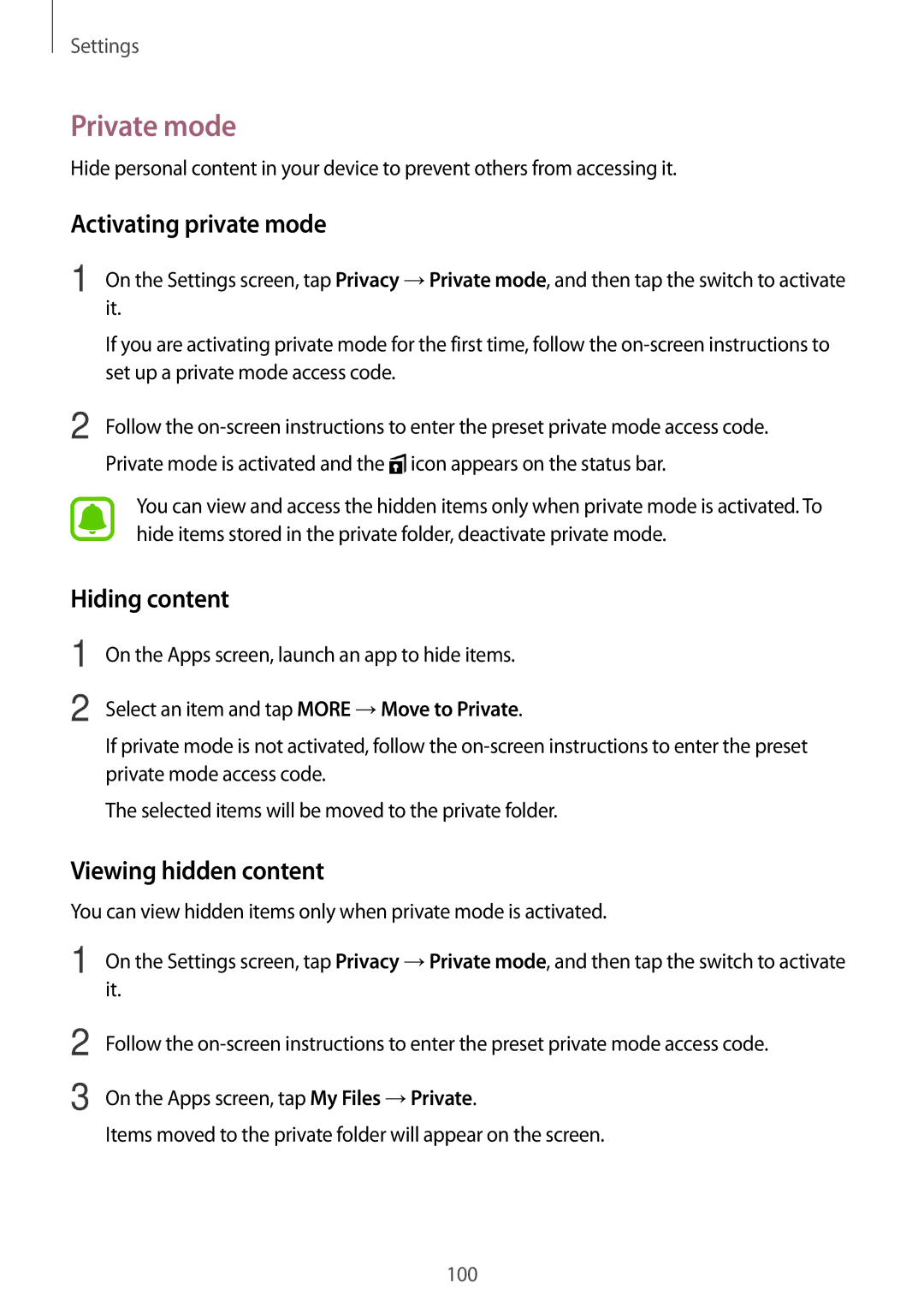 Samsung SM-P580NZKAXEF, SM-P580NZKADBT manual Private mode, Activating private mode, Hiding content, Viewing hidden content 