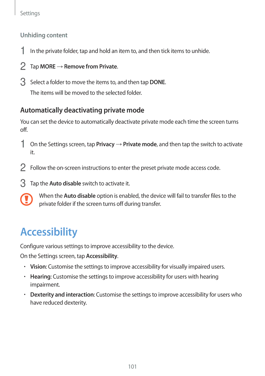 Samsung SM-P580NZKATUR manual Accessibility, Automatically deactivating private mode, Tap More →Remove from Private 