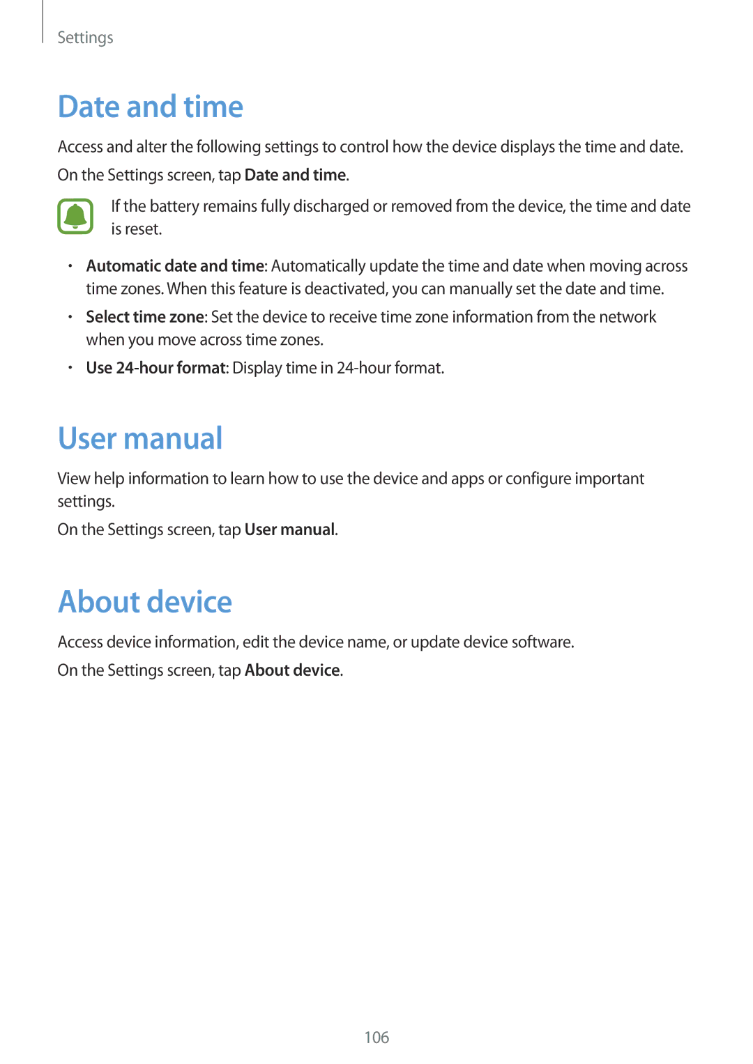 Samsung SM-P580NZKAXEH, SM-P580NZKADBT, SM-P580NZKAXEF, SM-P580NZKATUR, SM-P580NZKAITV manual Date and time, About device 