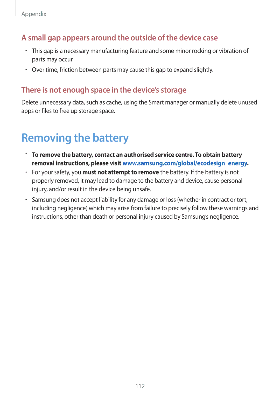 Samsung SM-P580NZWATUR, SM-P580NZKADBT manual Removing the battery, Small gap appears around the outside of the device case 