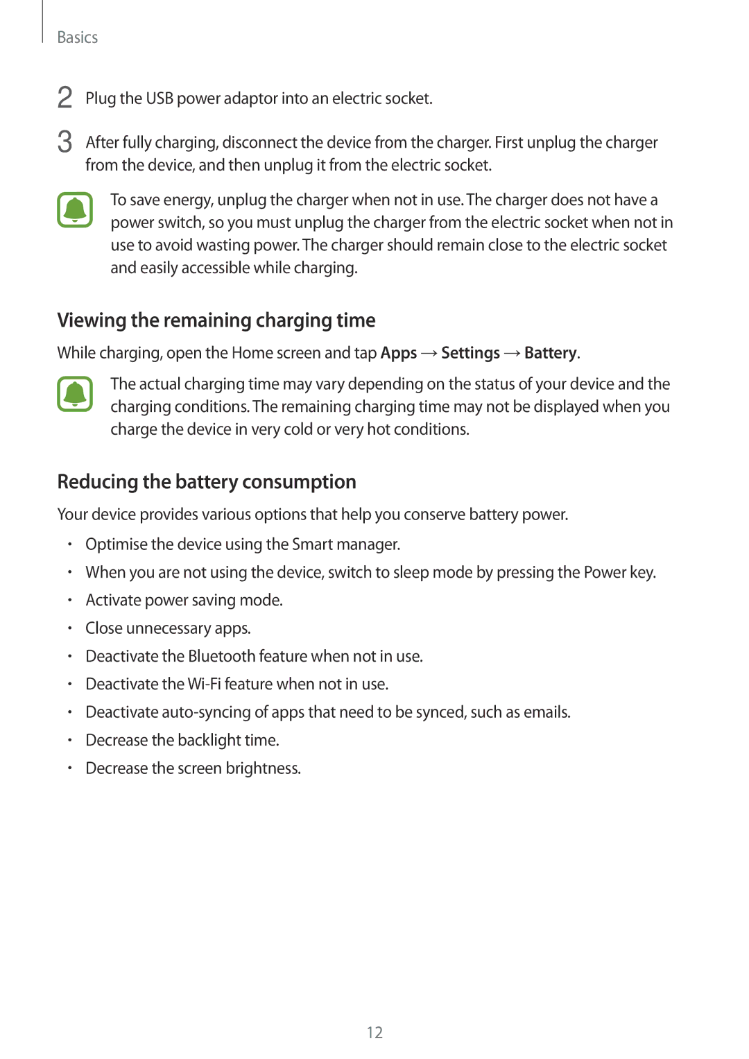 Samsung SM-P580NZKAITV, SM-P580NZKADBT manual Viewing the remaining charging time, Reducing the battery consumption 