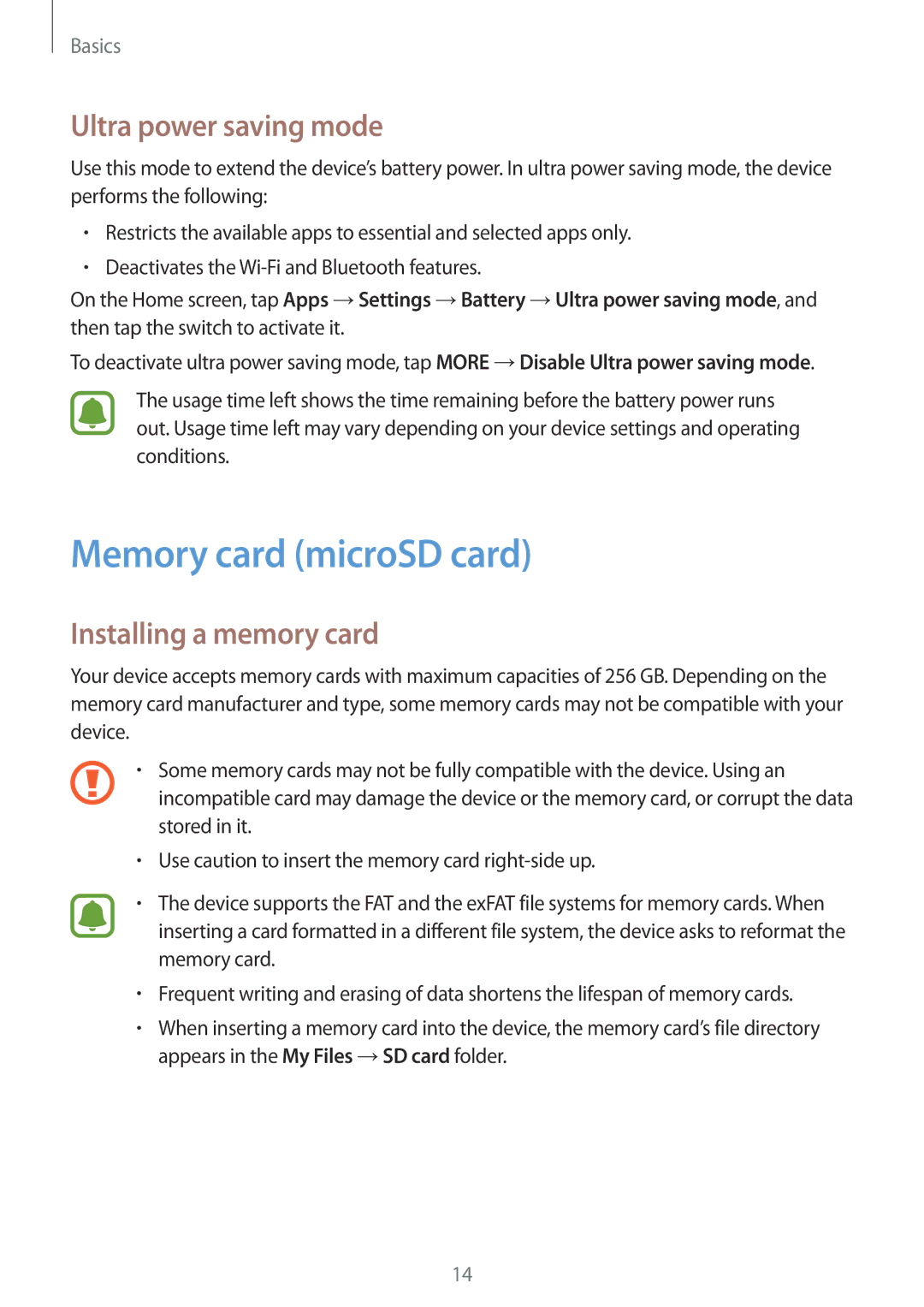 Samsung SM-P580NZKAPHE, SM-P580NZKADBT manual Memory card microSD card, Ultra power saving mode, Installing a memory card 