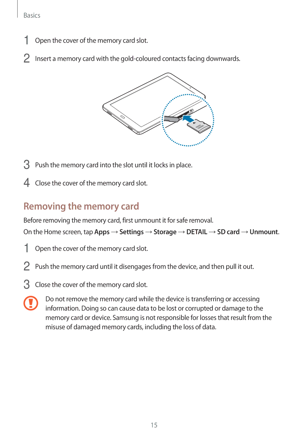 Samsung SM-P580NZKAXEZ, SM-P580NZKADBT, SM-P580NZKAXEF, SM-P580NZKATUR, SM-P580NZKAITV manual Removing the memory card 