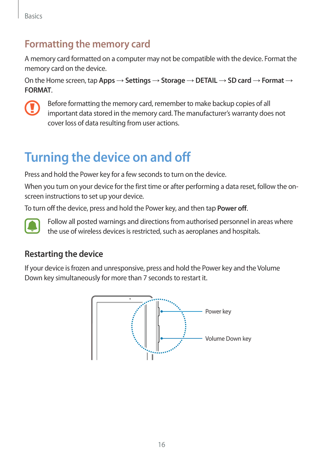 Samsung SM-P580NZKAXEH, SM-P580NZKADBT Turning the device on and off, Formatting the memory card, Restarting the device 