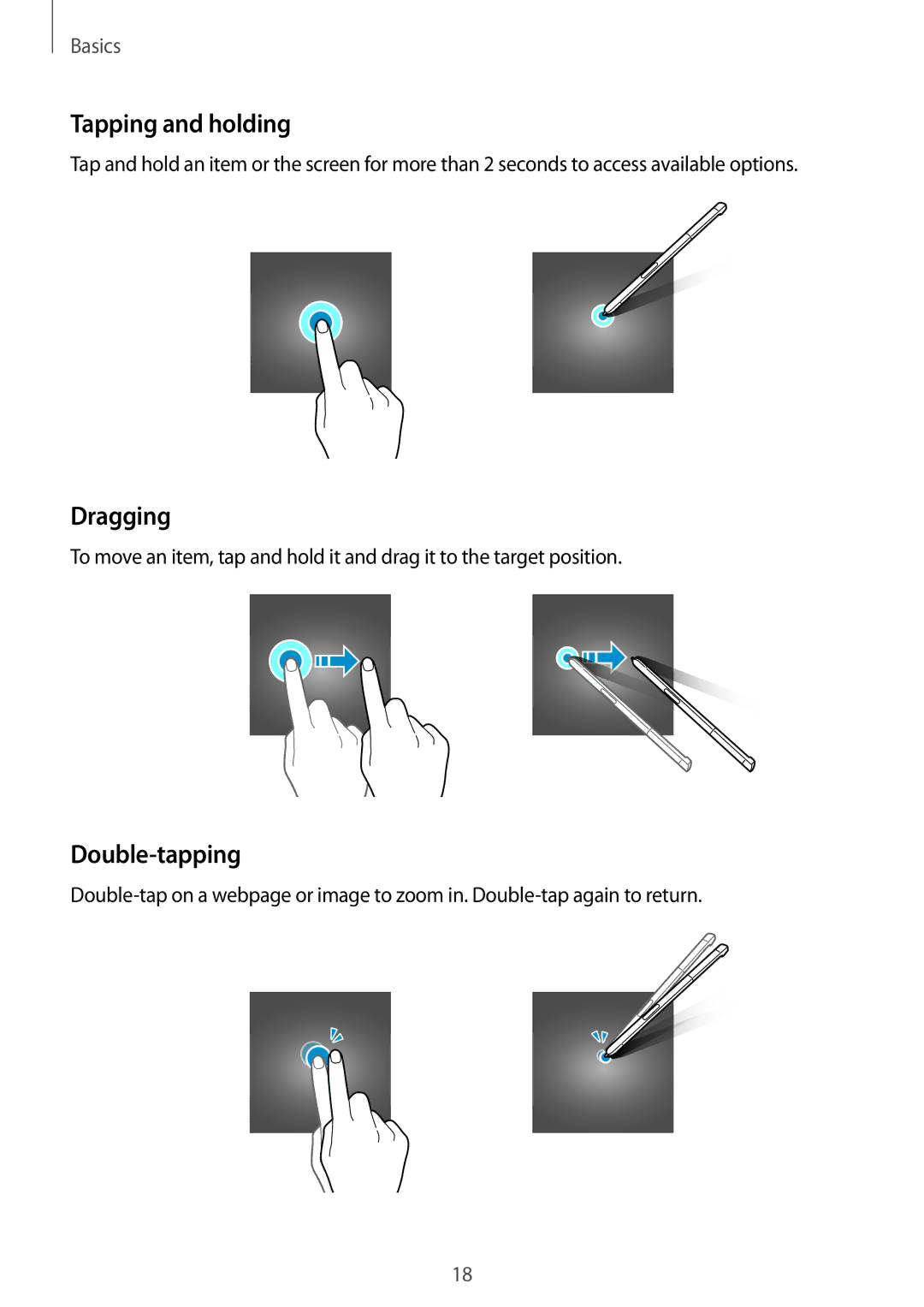 Samsung SM-P580NZKADBT, SM-P580NZKAXEF, SM-P580NZKATUR, SM-P580NZKAITV manual Tapping and holding, Dragging, Double-tapping 