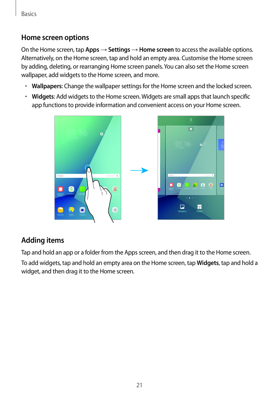 Samsung SM-P580NZKAITV, SM-P580NZKADBT, SM-P580NZKAXEF, SM-P580NZKATUR, SM-P580NZWATUR manual Home screen options, Adding items 