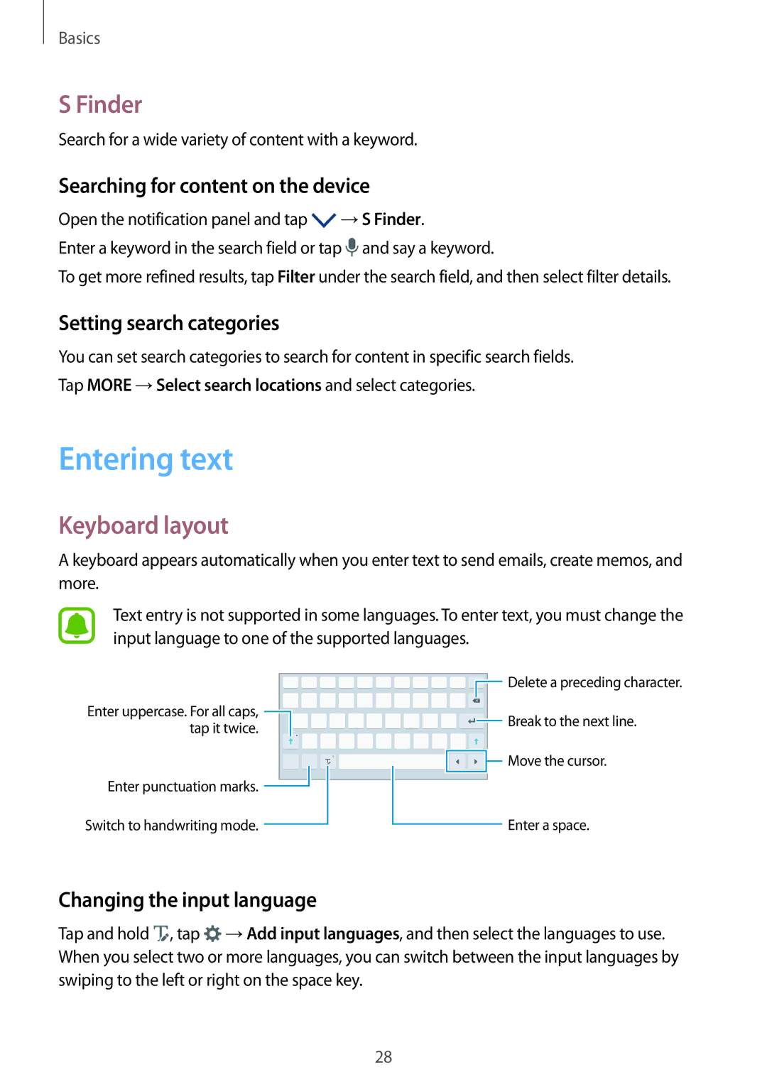 Samsung SM-P580NZKAXEF, SM-P580NZKADBT, SM-P580NZKATUR, SM-P580NZKAITV, SM-P580NZWATUR Entering text, Finder, Keyboard layout 