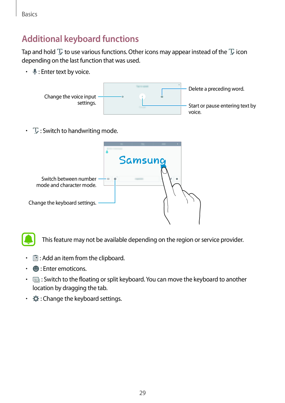 Samsung SM-P580NZKATUR, SM-P580NZKADBT, SM-P580NZKAXEF, SM-P580NZKAITV, SM-P580NZWATUR manual Additional keyboard functions 