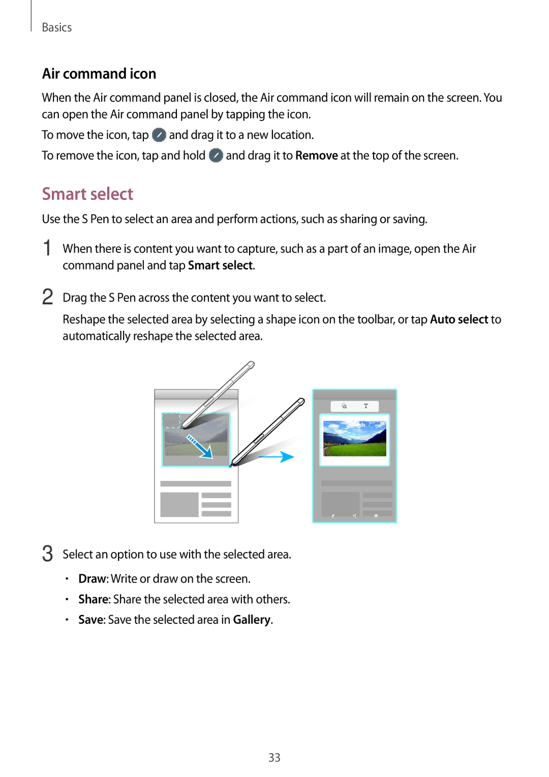 Samsung SM-P580NZKAXEZ, SM-P580NZKADBT, SM-P580NZKAXEF, SM-P580NZKATUR, SM-P580NZKAITV manual Smart select, Air command icon 