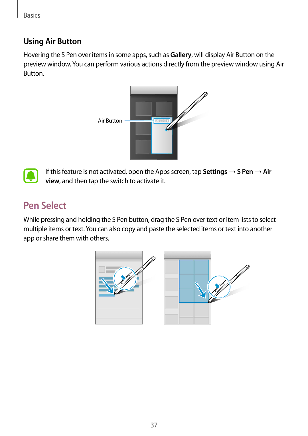 Samsung SM-P580NZKAXEF, SM-P580NZKADBT, SM-P580NZKATUR, SM-P580NZKAITV, SM-P580NZWATUR manual Pen Select, Using Air Button 