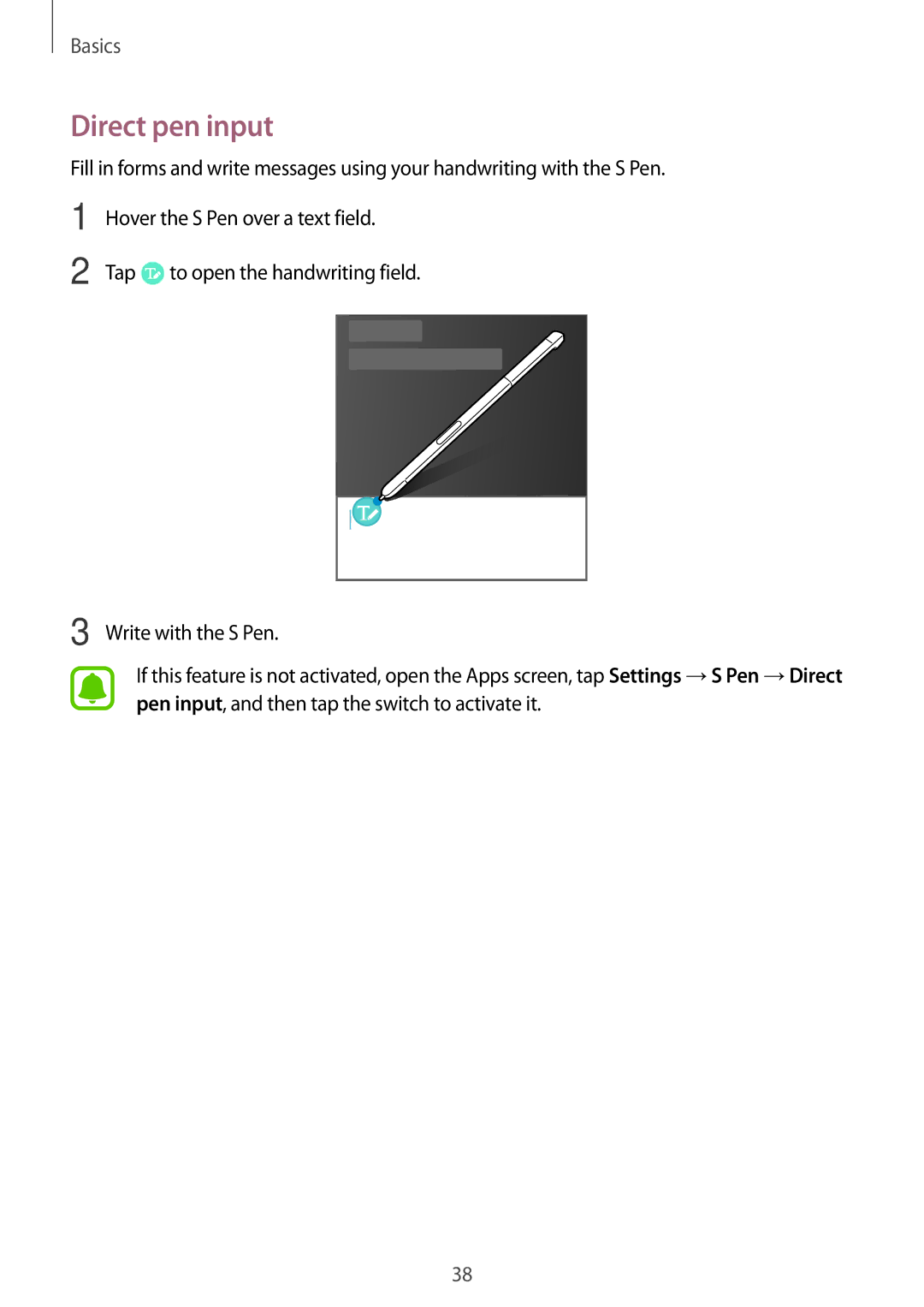 Samsung SM-P580NZKATUR, SM-P580NZKADBT, SM-P580NZKAXEF, SM-P580NZKAITV, SM-P580NZWATUR, SM-P580NZKAPHE manual Direct pen input 