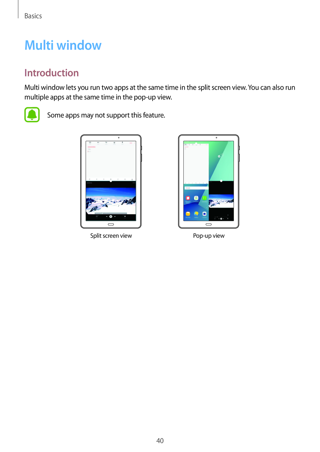 Samsung SM-P580NZWATUR, SM-P580NZKADBT, SM-P580NZKAXEF, SM-P580NZKATUR, SM-P580NZKAITV manual Multi window, Introduction 