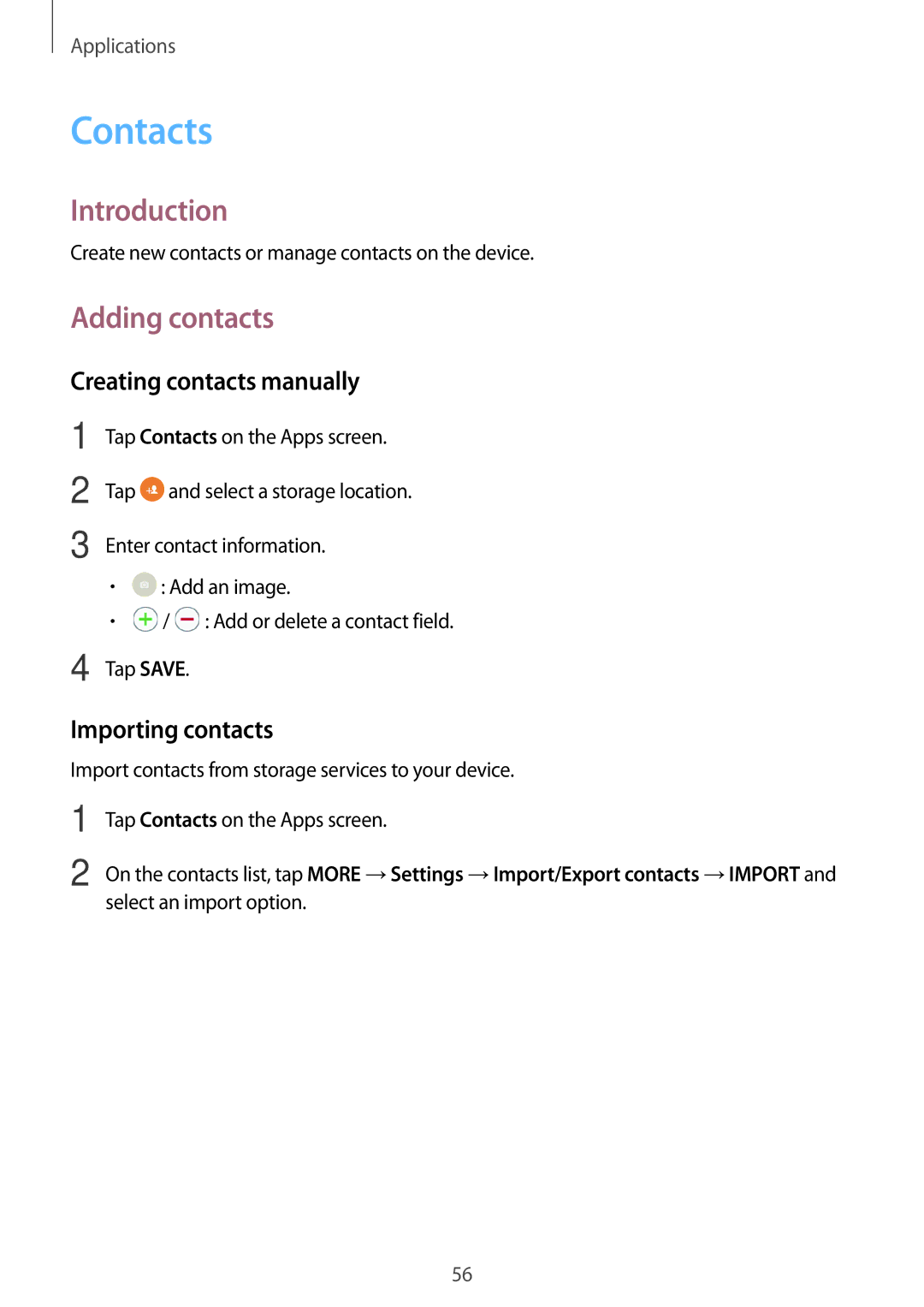 Samsung SM-P580NZKATUR, SM-P580NZKADBT Contacts, Adding contacts, Creating contacts manually, Importing contacts 