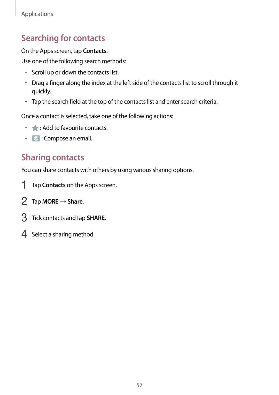 Samsung SM-P580NZKAITV, SM-P580NZKADBT, SM-P580NZKAXEF manual Searching for contacts, Sharing contacts, Tap More →Share 