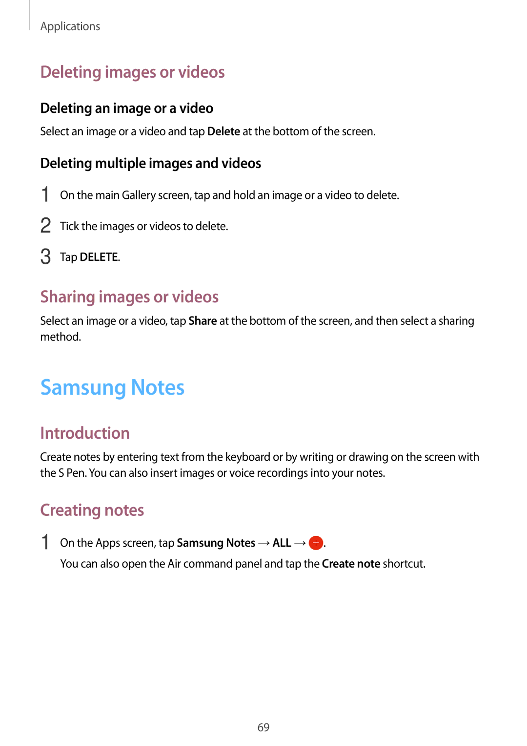 Samsung SM-P580NZKAXEZ, SM-P580NZKADBT Samsung Notes, Deleting images or videos, Sharing images or videos, Creating notes 