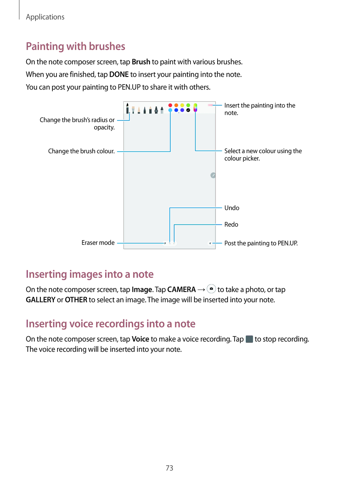 Samsung SM-P580NZKAXEF manual Painting with brushes, Inserting images into a note, Inserting voice recordings into a note 