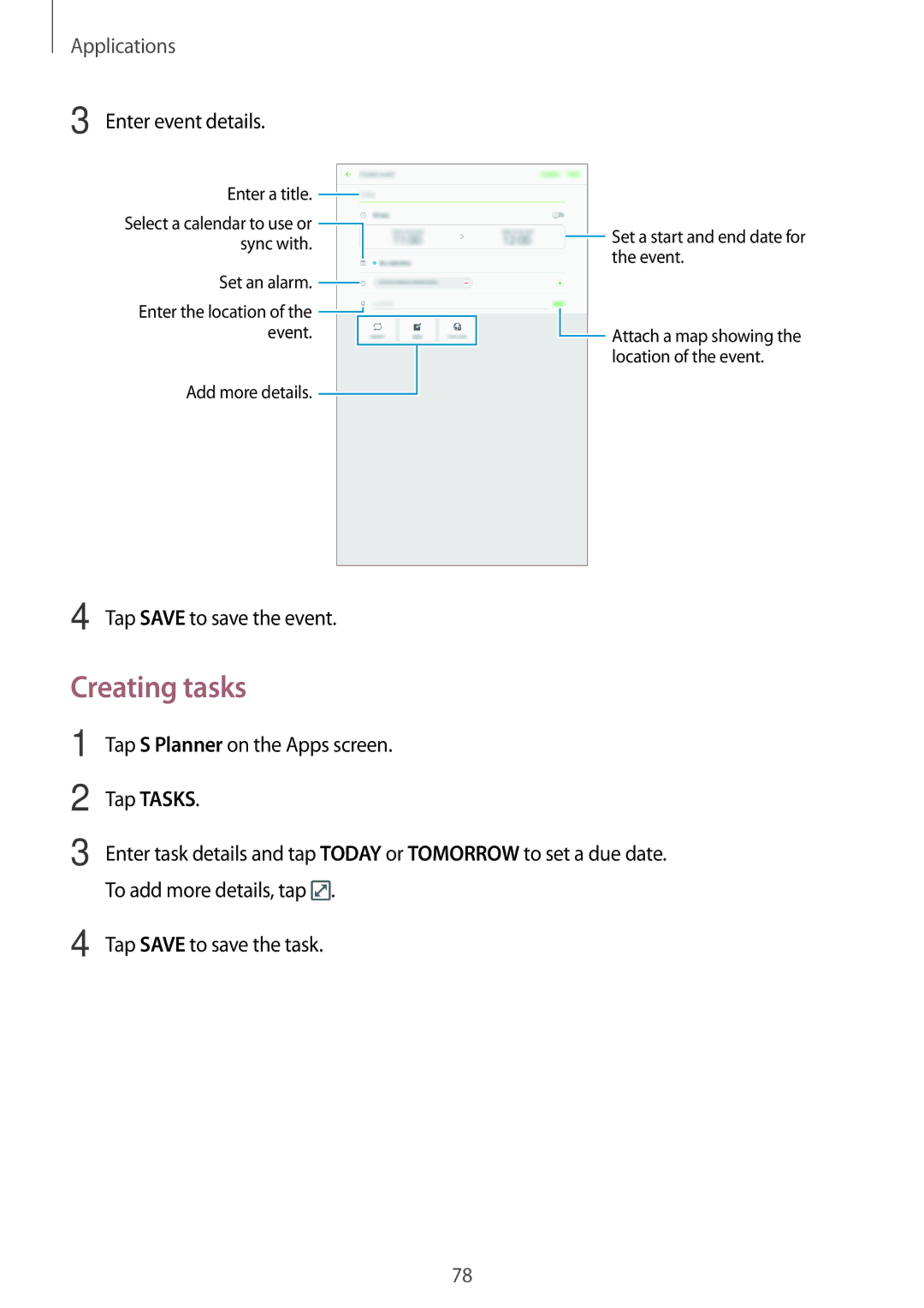 Samsung SM-P580NZKAXEZ, SM-P580NZKADBT, SM-P580NZKAXEF, SM-P580NZKATUR, SM-P580NZKAITV Creating tasks, Enter event details 