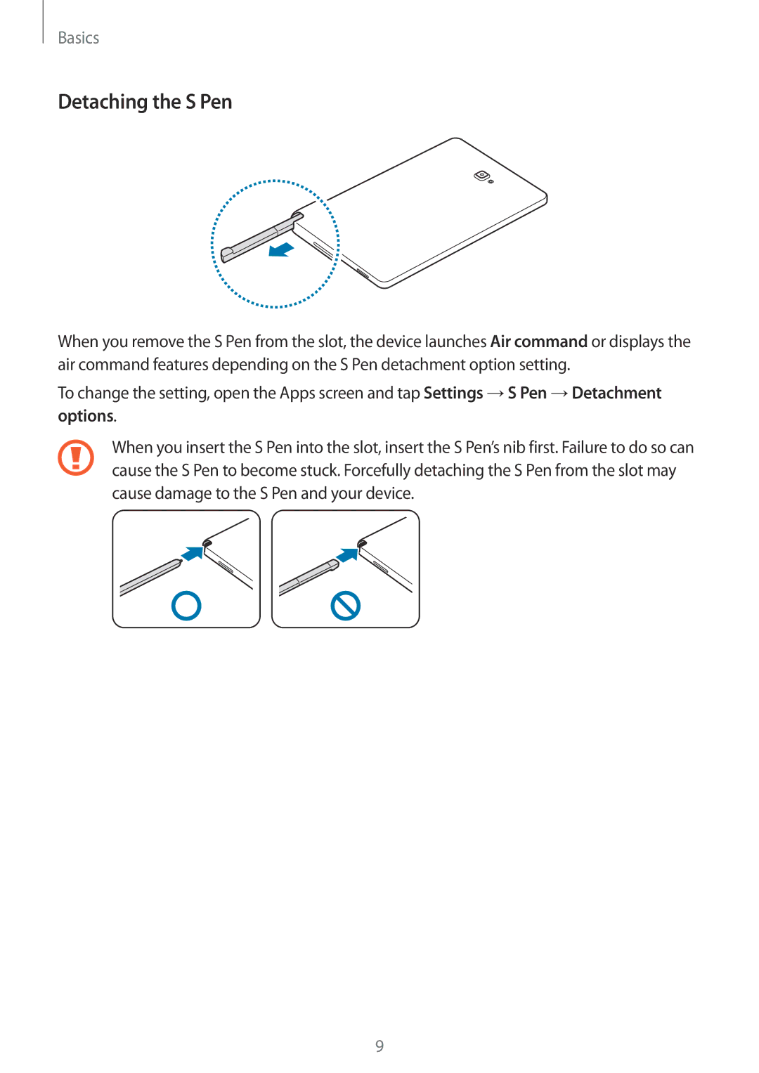 Samsung SM-P580NZKADBT, SM-P580NZKAXEF, SM-P580NZKATUR, SM-P580NZKAITV, SM-P580NZWATUR manual Detaching the S Pen, Options 