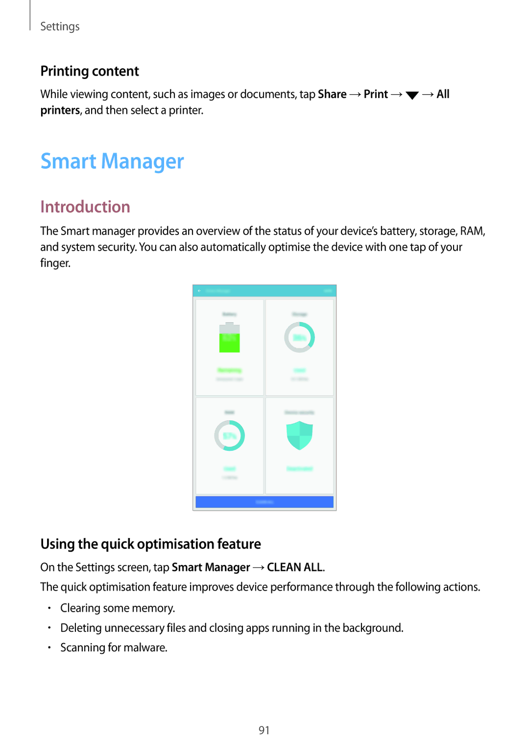 Samsung SM-P580NZKAXEF, SM-P580NZKADBT manual Smart Manager, Printing content, Using the quick optimisation feature 