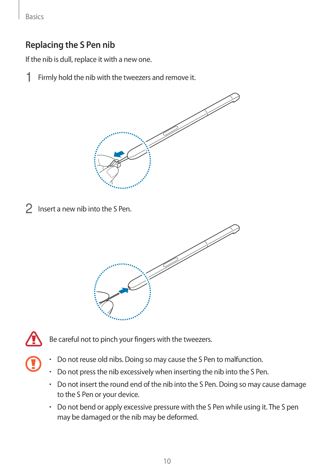 Samsung SM-P580NZKAKSA manual Replacing the S Pen nib 